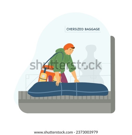 Young man with bicycle packed in a bag in airport checks in luggage lat vector illustration. Travelling by bike.