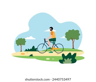 Young man with bicycle in the park vector illustration. Flat style Active people for sport and recreation concept design