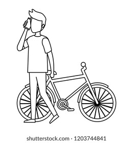 young man with bicycle and smartphone
