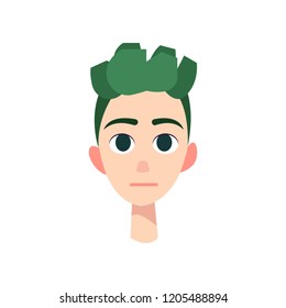 Young man with big blue eyes and green hair.