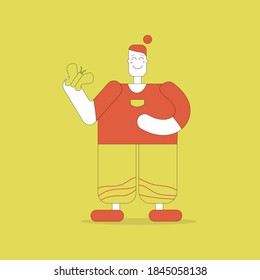 Young man with big feet holding a butterfly in his hand. Vector illustration with flat style.