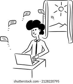 Young man with big hair style sending messages from home. Remote control. Home work. Comfortable place.