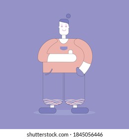 A young man with big legs shows his hands that everything is OK. Vector illustration with flat style.