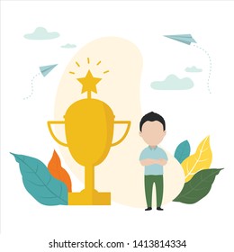 Young man with big trophy.  Concept of success, victory and growth in business