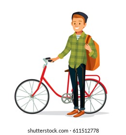 Young man with bike and backpack