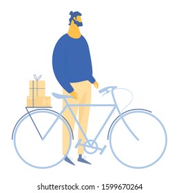 Young man and a bike -  flat cartoon character. Isolated vector illustration on white background