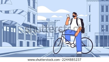 young man with bike using smartphone sportsman riding bicycle workout healthy lifestyle digital addiction concept