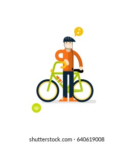 Young man with bike. Vector flat illustration