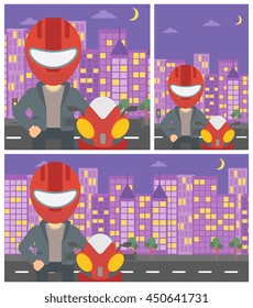 Young man in biker helmet standing near motorcycle on the background of night city. Vector flat design illustration. Square, horizontal, vertical layouts.