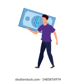 young man with bills dollars character
