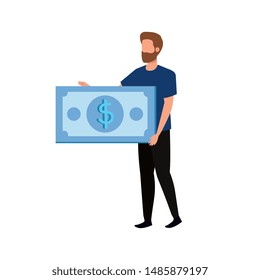 young man with bills dollars character