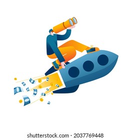 A young man with binoculars is flying on a rocket. Vector illustration about the search for a successful idea.