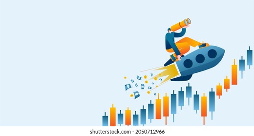 A young man with binoculars is flying on a rocket against the background of a Forex chart. Vector illustration about investments and trading. Horizontal banner template.
