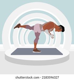 Young Man With Bionic Hand Doing Warrior III Pose With Prayer Hands. Virabhadrasana Pose. Inclusive Sport For People With Disabilities. Full Body Yoga Workout Vector Illustration