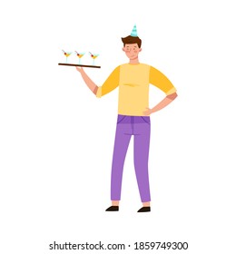 Young Man in Birthday Hat Carrying Cocktails and Drinks Vector Illustration