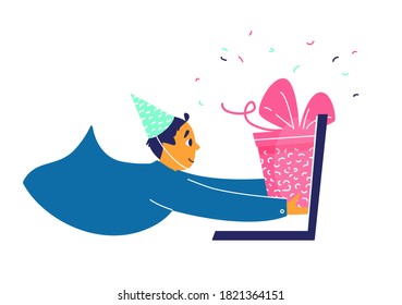 Young Man In Birthday Hat Takes Present Box Out Of Laptop. Distant Celebration Party Concept. Flat Vector Illustration.