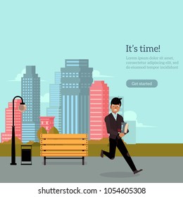 Young man in black business suit with books running on city background. Person is late and in a hurry. Cartoon character. Flat colorful vector illustration. Motivation, start up, move forward banner.