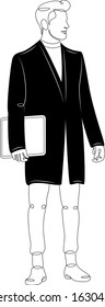 Young man in a black coat. In his hand holds a computer tablet.Character cartoon flat isolated colored drawing sketch continuous line minimalism illustration