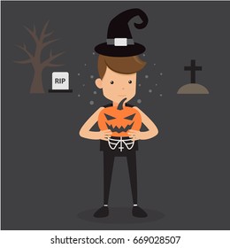 Young Man in Black Hand Holding Pumpkin. Concept Halloween Party Vector Illustration Flat Style.