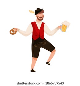 Young Man in Black Hat with Feather and Lederhosen Holding Beer Mug and Pretzel Vector Illustration