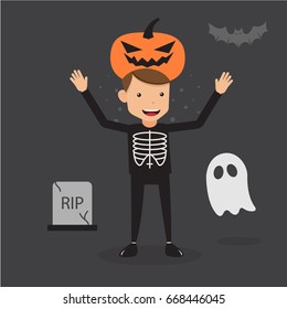 Young Man in Black With a Pumpkin Hat. Concept Halloween Party Vector Illustration Flat Style.