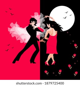 Young man in black suit and girl in red dress dance in front of the moon, small stars, flying birds, blooming tulips on red and black background. Valentine's Day card.
