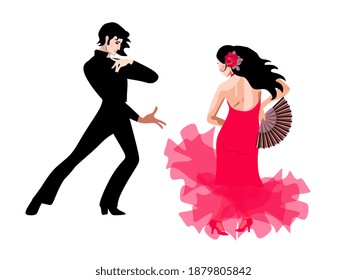 
A young man in a black suit and a girl in a long red dress, with a rose in her hair and with a fan in her hand, dance flamenco isolated on a white background. Spanish, gypsy motives.