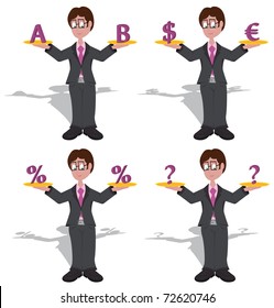 Young man in a black suit gives choose