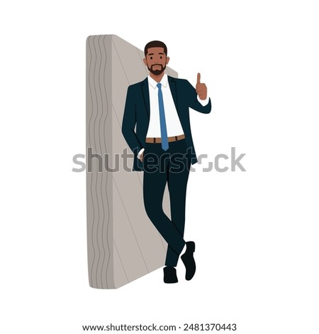 Young man in a black suit and tie leaning on wall and showing thumbs up. Flat vector illustration isolated on white background