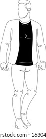 Young man in a black sweater and jacket.Character cartoon flat isolated colored drawing sketch continuous line minimalism illustration