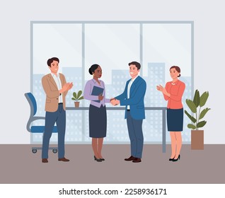 Young man and Black woman shake hands in the office. Male handshake of business partners. Man and woman clapping hands. Vector cartoon flat style illustration