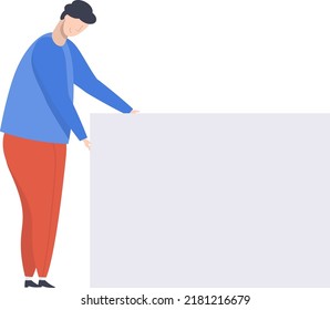Young man with blank poster on white background. Speech, a demonstration by activists with placards in their hands. Flat vector illustration.
