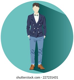 Young man in blazer with bow-tie. Flat style 