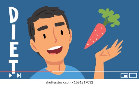 Young Man Blogger Giving Review on Dieting Vector Illustration. Entertainment Vlog Concept