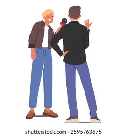 Young man blogger with microphone making live interview with businessman isolated on white background. Vlogger filming business reportage talking to local entrepreneur cartoon vector illustration