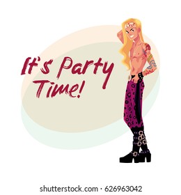 Young man with blond long hair, bare chest, tatoo dressed as glam rock star, cartoon vector illustration isolated on white background. Glam rock party invitation banner, poster layout with rock star