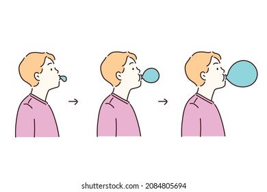 young man blowing a blue bubble of chewing gum. Hand drawn style vector design illustrations.