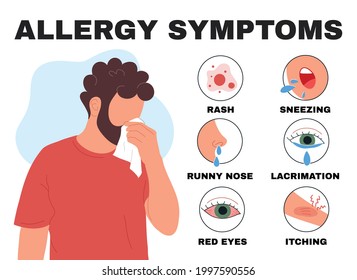 Young man blowing his nose into white napkin. Allergy symptoms infographic. Rash, sneezing, runny nose, lacrimation, red eyes, itching icons and text.