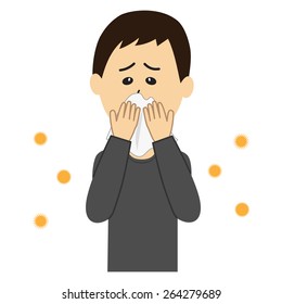A young man blowing nose, allergen flowing in the air, vector illustration