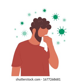 Young man blowing nose into tissue surrounded by coronaviruses. Vector hand drawn character illustration. Isolated on white background.  Coronavirus, rhinitis, flu, cough concept.