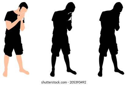 Young Man Blowing Nose Into A Tissue, Vector