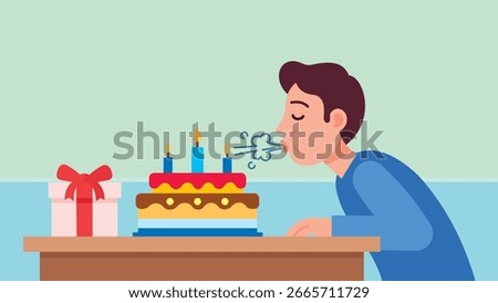 Young Man Blowing Out Candles on a Birthday Cake Celebration