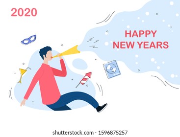 young man blowing party trumpets with confetti celebrating new year. vector illustration for new year greeting card, landing page, ui, banner, poster and social media app.