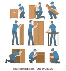 Young Man in Blue Cap Assembling and Installing Wooden Furniture Vector Set