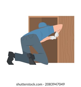 Young Man in Blue Cap Assembling and Installing Wooden Furniture Vector Illustration