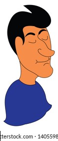 Un joven con una camisa azul de cuello cerrado, nariz larga sin puntas, pelo negro en la parte delantera enrollada por el aire se ve pacífico, vectorial, dibujo de color o ilustración. 