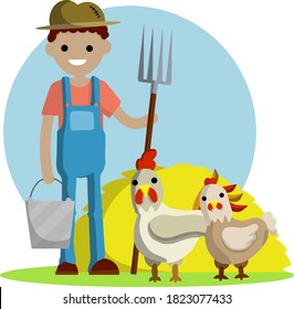 Young man in blue farmer's overalls stands with pitchfork in his hands next to yellow haystack. Farm animals chicken. Cartoon flat illustration. Type of rural profession. Bucket and country life