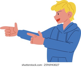 Young man in blue hoodie pointing with both hands
