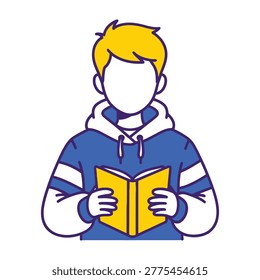 A young man in a blue hoodie reading a yellow book, focused on education and learning