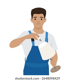Young man in blue overalls fixes a lamp with a screwdriver, skill and precision in home maintenance. Flat vector illustration isolated on white background